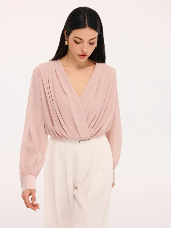 Pleated Deep V-Neck Long Sleeve Bodysuit sold by COMMENSE