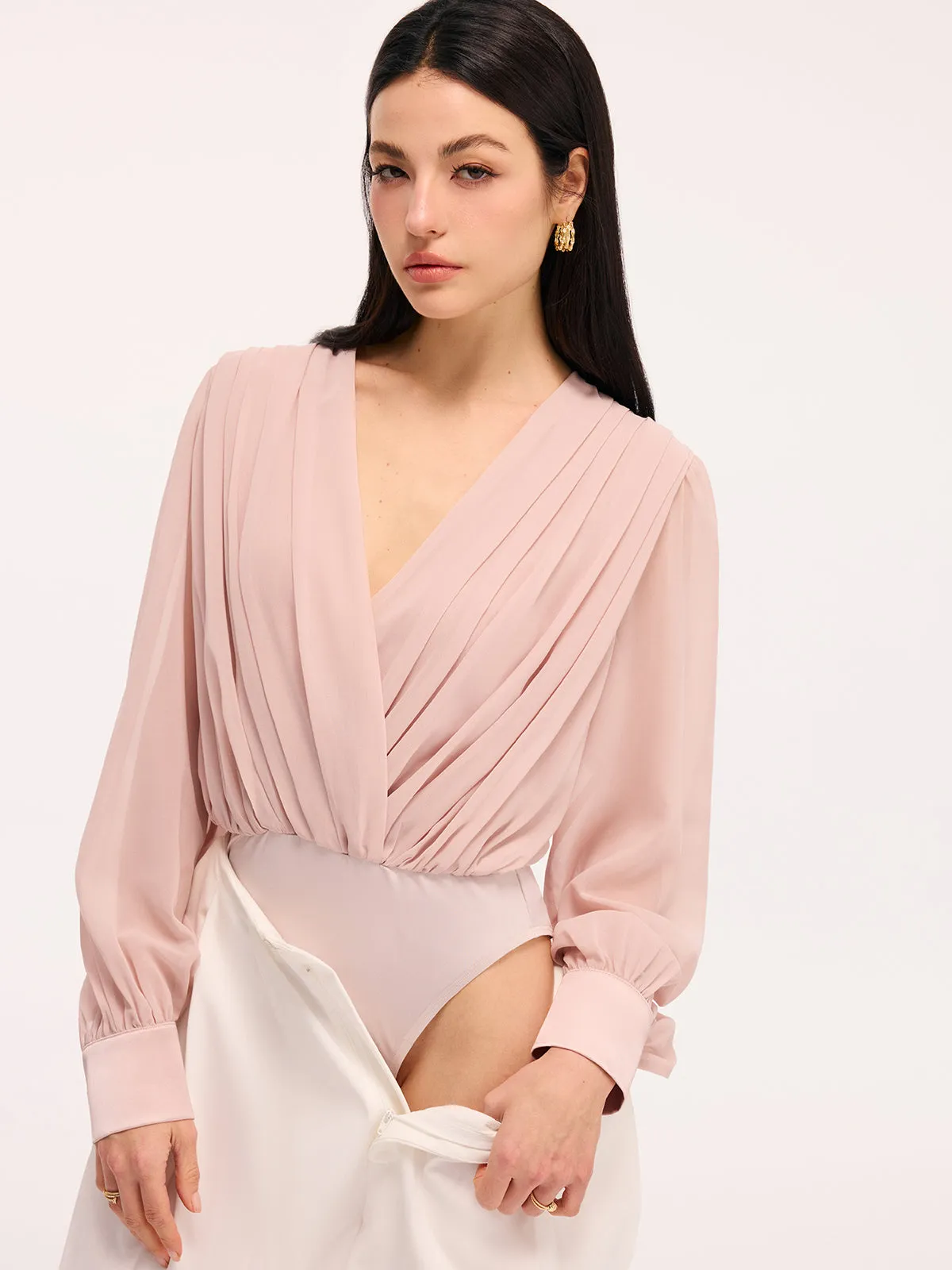 Pleated Deep V-Neck Long Sleeve Bodysuit sold by COMMENSE product image thumbnail 5