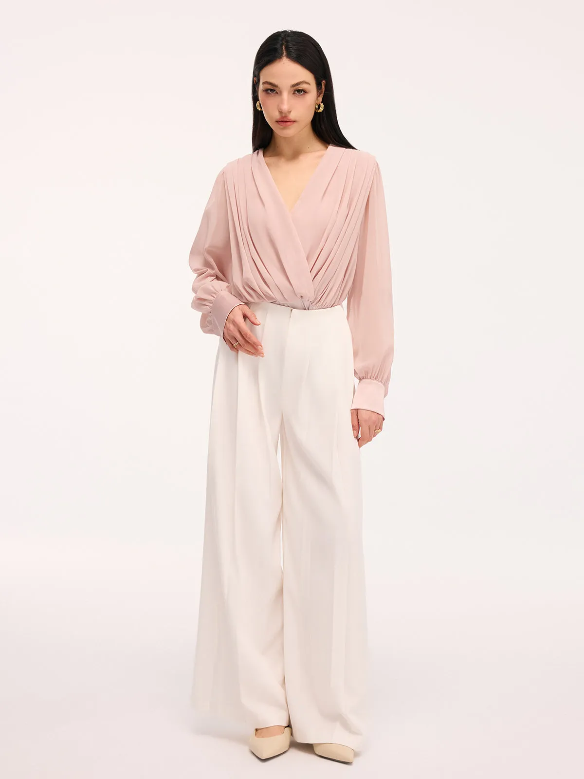 Pleated Deep V-Neck Long Sleeve Bodysuit sold by COMMENSE product image thumbnail 2