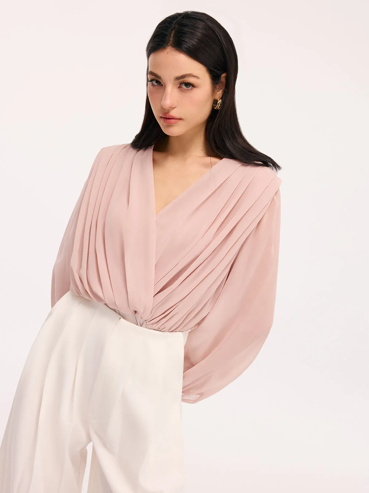 Pleated Deep V-Neck Long Sleeve Bodysuit sold by COMMENSE product image thumbnail 3