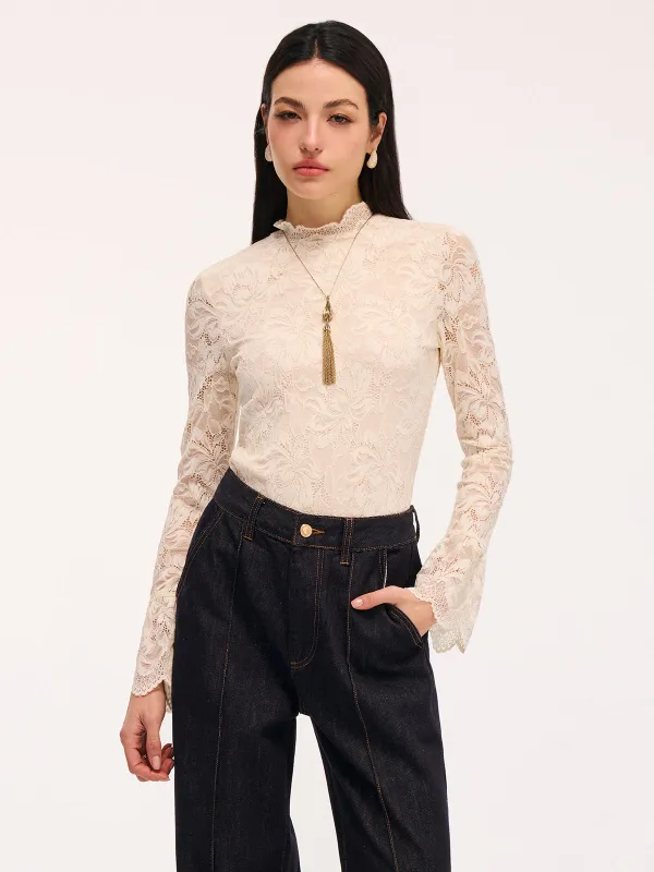 Lace Flared-Sleeve Mock Neck Bodysuit sold by COMMENSE