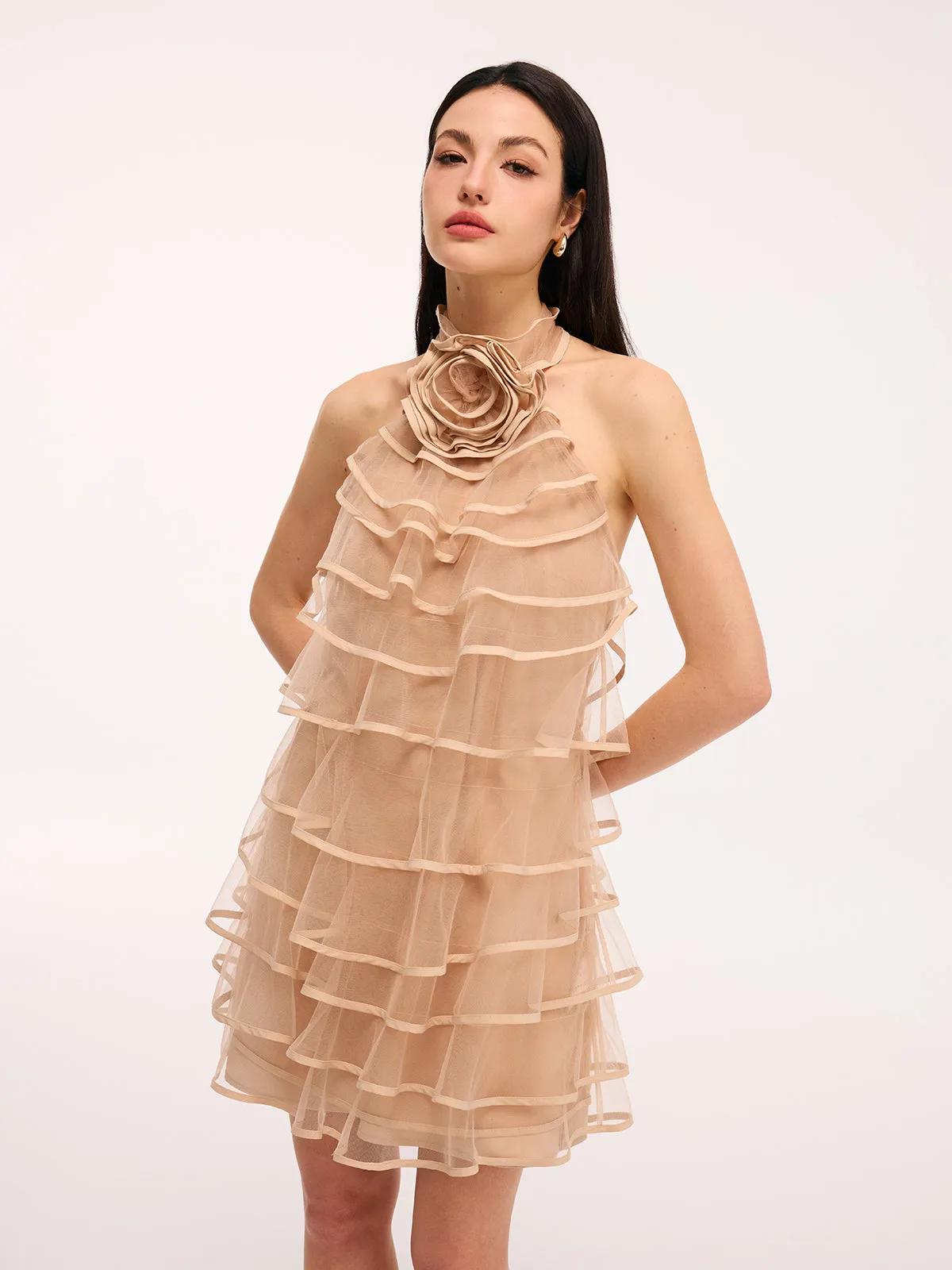 3D Rose Layered Tulle Ruffled Halter Mini Dress sold by COMMENSE product image thumbnail 3