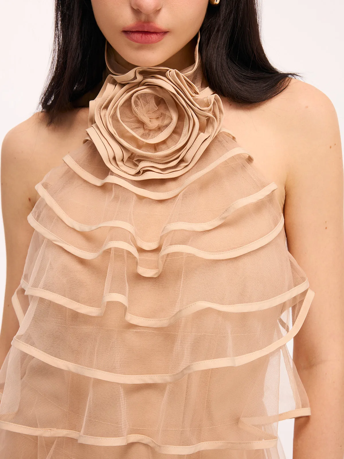 3D Rose Layered Tulle Ruffled Halter Mini Dress sold by COMMENSE product image thumbnail 4