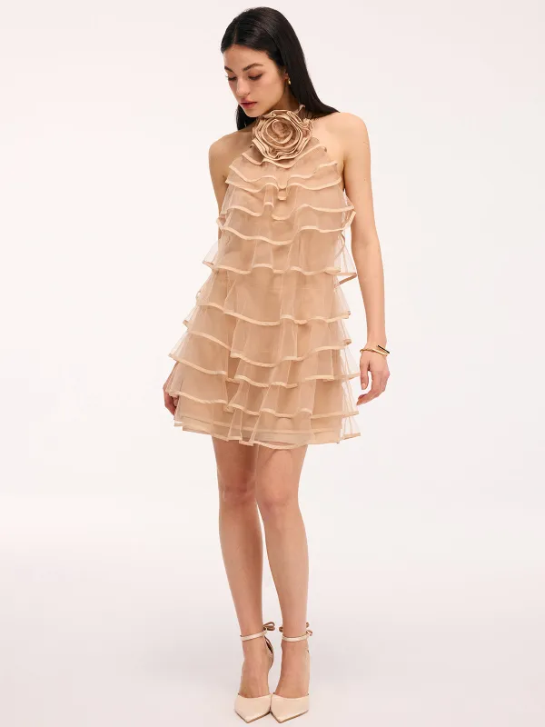 3D Rose Layered Tulle Ruffled Halter Mini Dress sold by COMMENSE