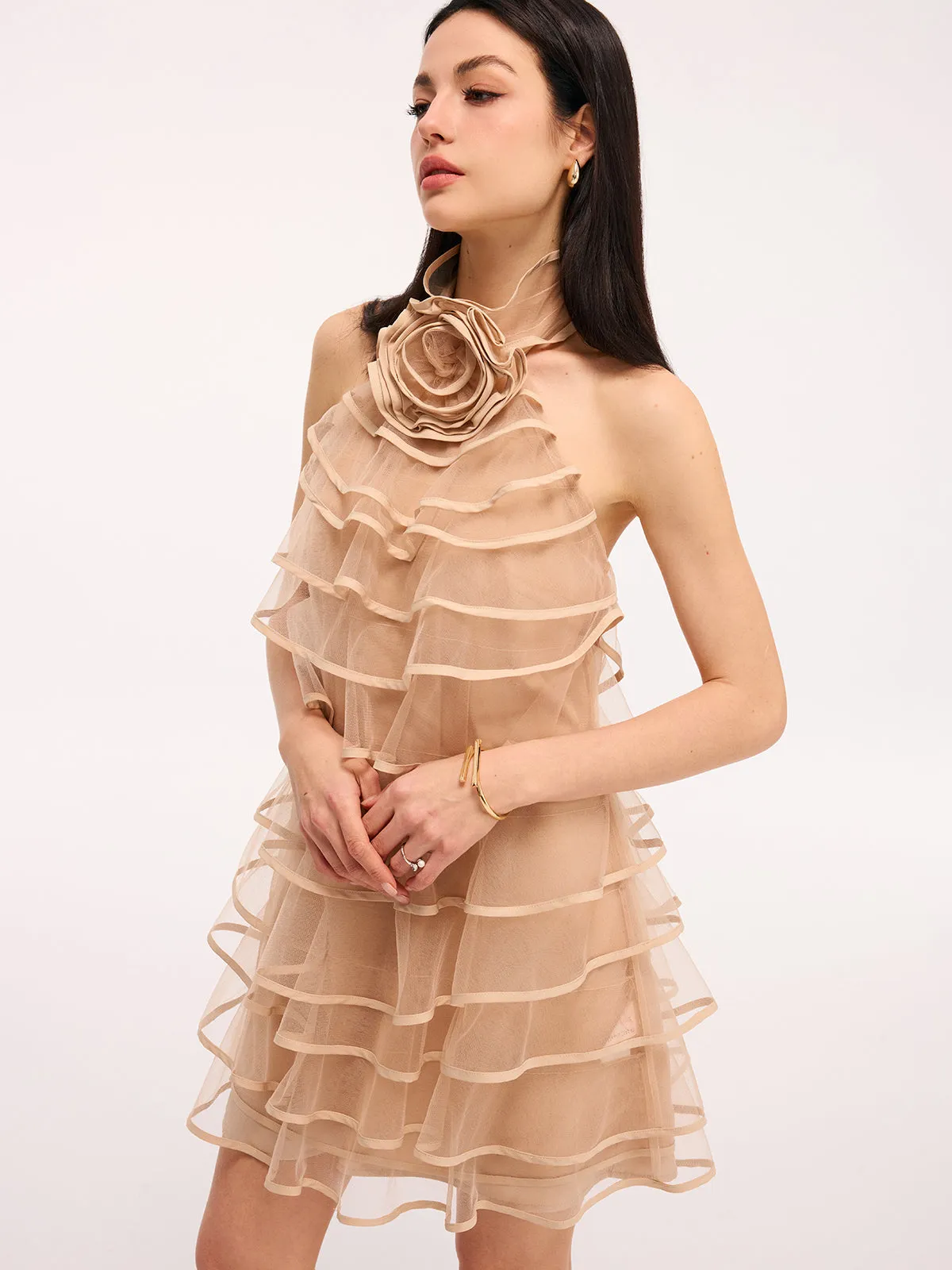 3D Rose Layered Tulle Ruffled Halter Mini Dress sold by COMMENSE product image thumbnail 5
