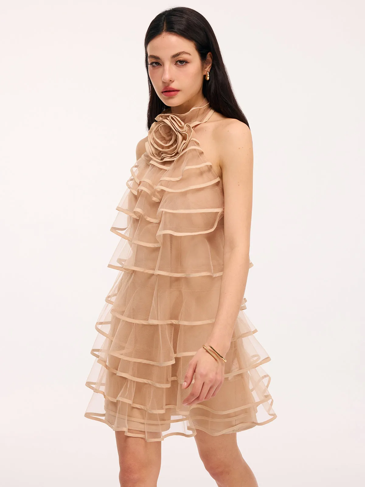 3D Rose Layered Tulle Ruffled Halter Mini Dress sold by COMMENSE product image thumbnail 2