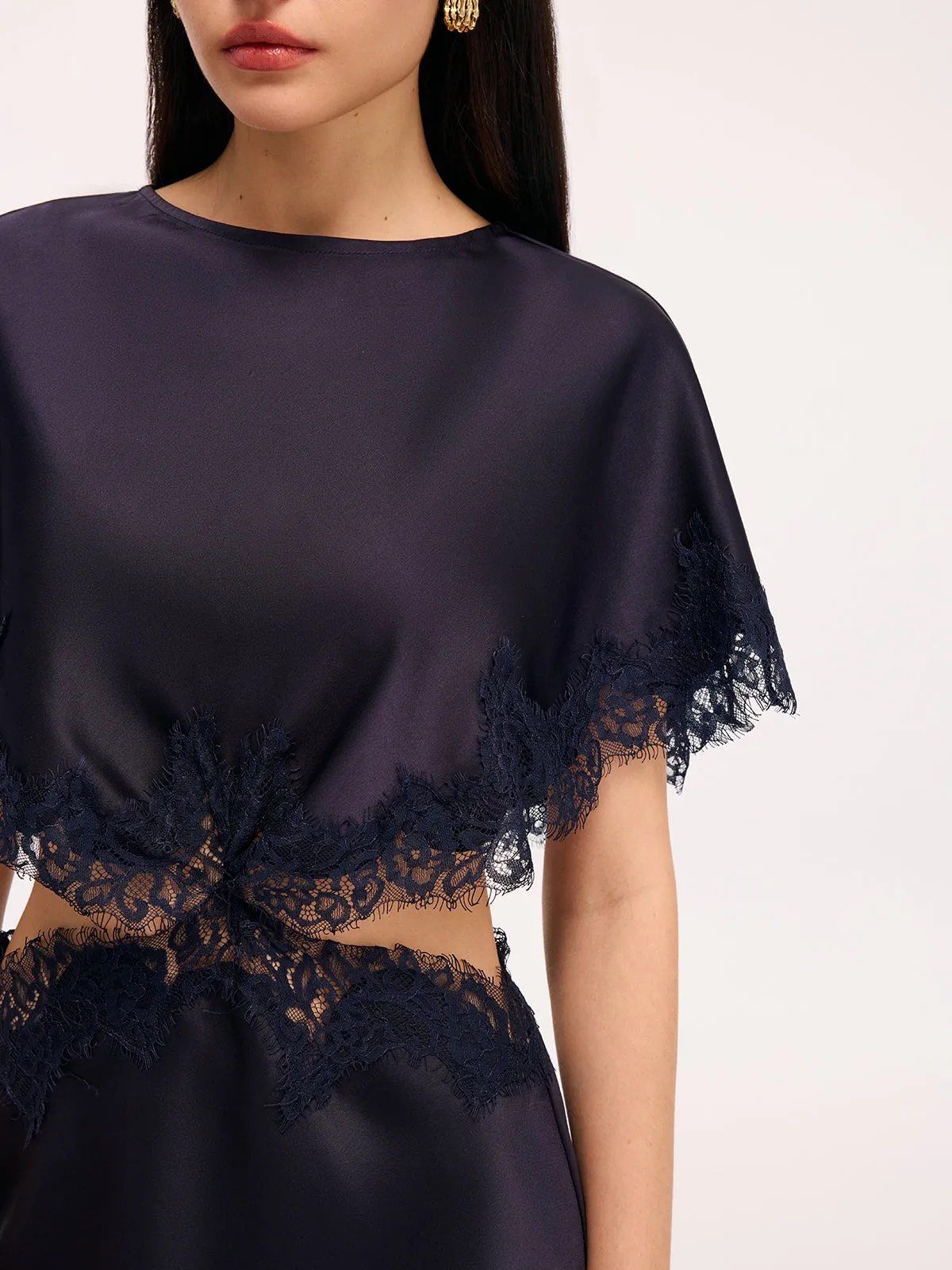 Lace Trim Satin Cut-Out Capelet Mini Dress sold by COMMENSE product image thumbnail 4