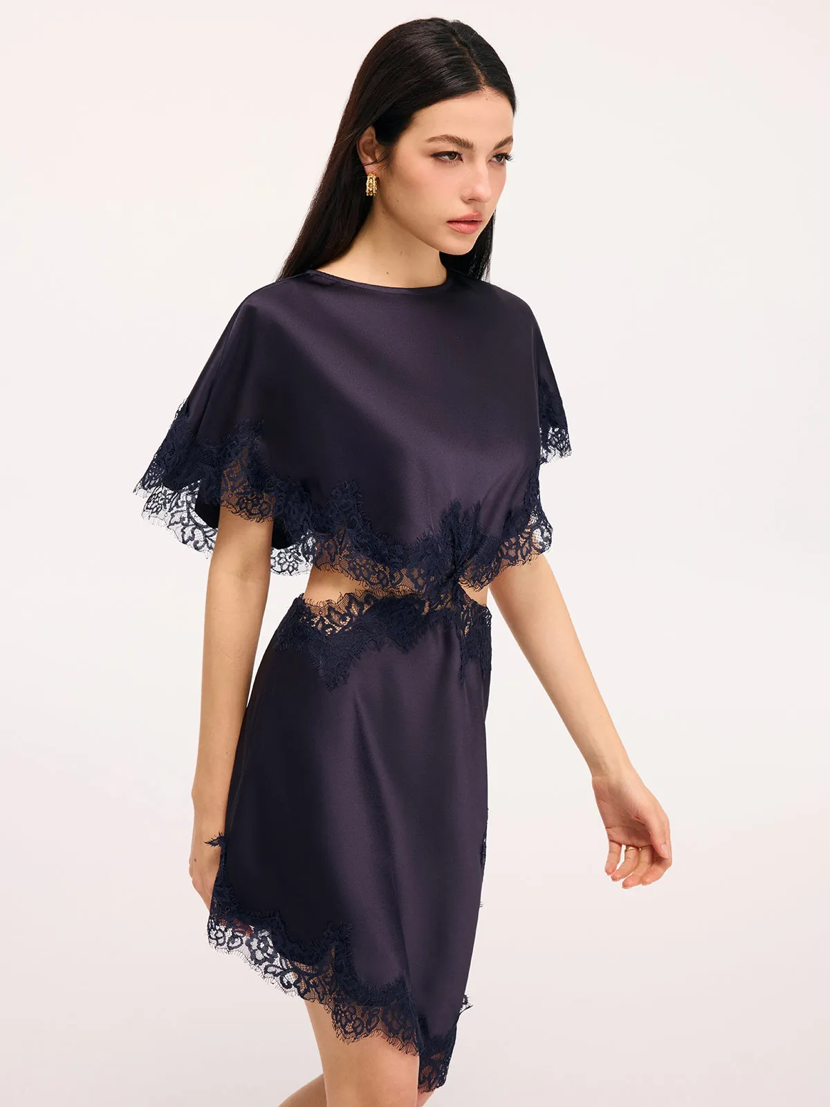 Lace Trim Satin Cut-Out Capelet Mini Dress sold by COMMENSE product image thumbnail 2