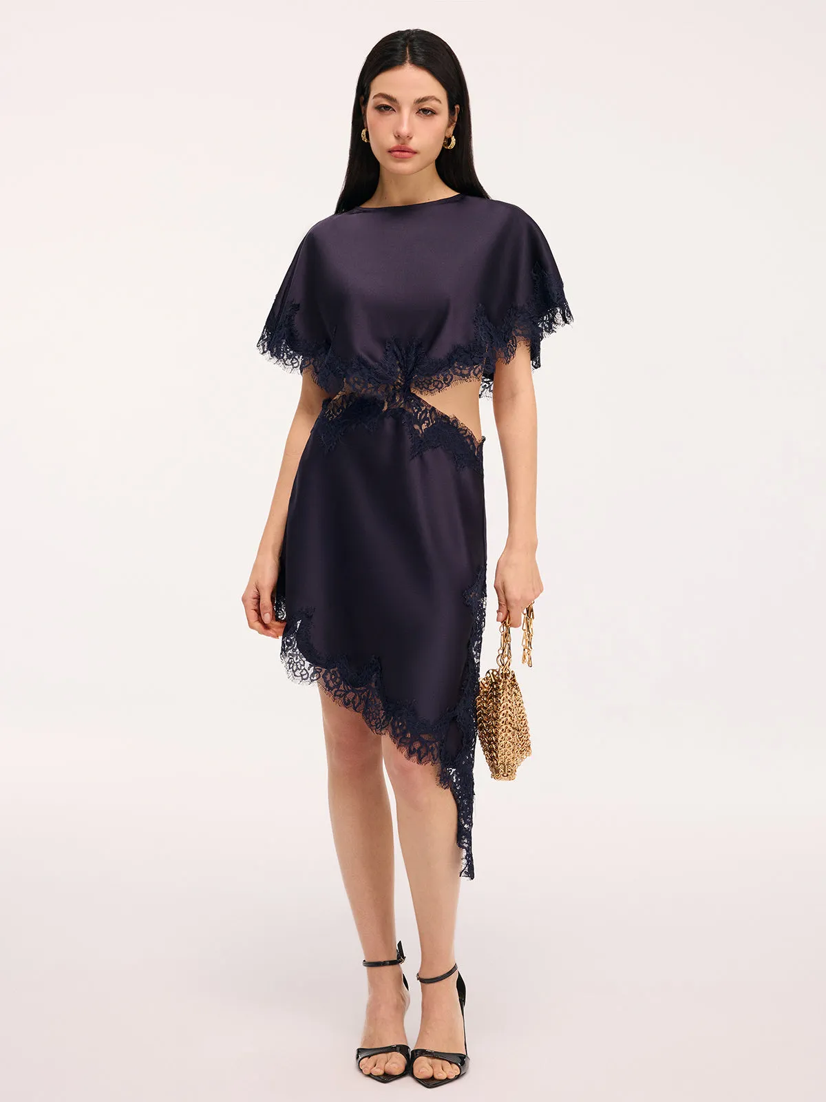 Lace Trim Satin Cut-Out Capelet Mini Dress sold by COMMENSE product image thumbnail 3