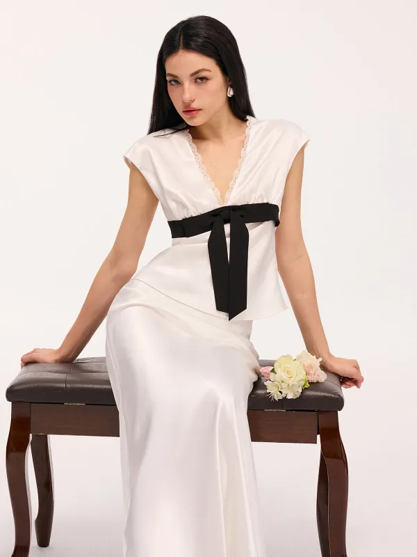 Satin Lace Trim Bow Top & Maxi Skirt Set made by COMMENSE