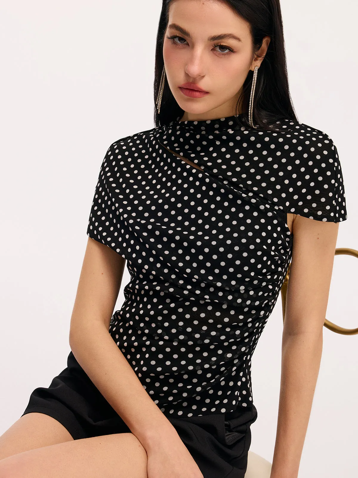 Polka Dot Cut-Out Ruched Short-Sleeve Blouse sold by COMMENSE product image thumbnail 5