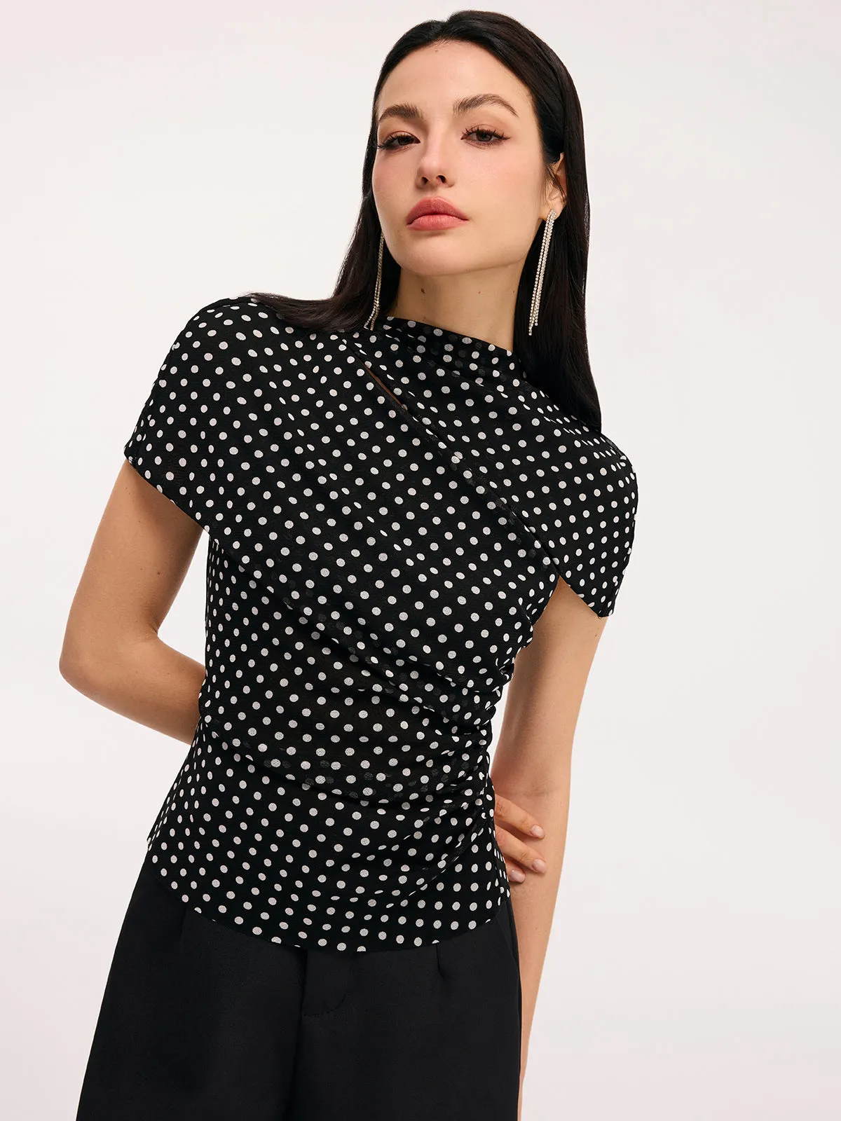 Polka Dot Cut-Out Ruched Short-Sleeve Blouse sold by COMMENSE product image thumbnail 2