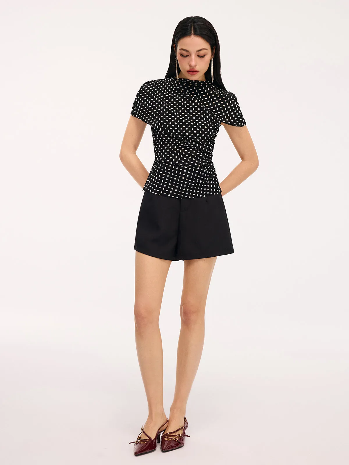 Polka Dot Cut-Out Ruched Short-Sleeve Blouse sold by COMMENSE product image thumbnail 3