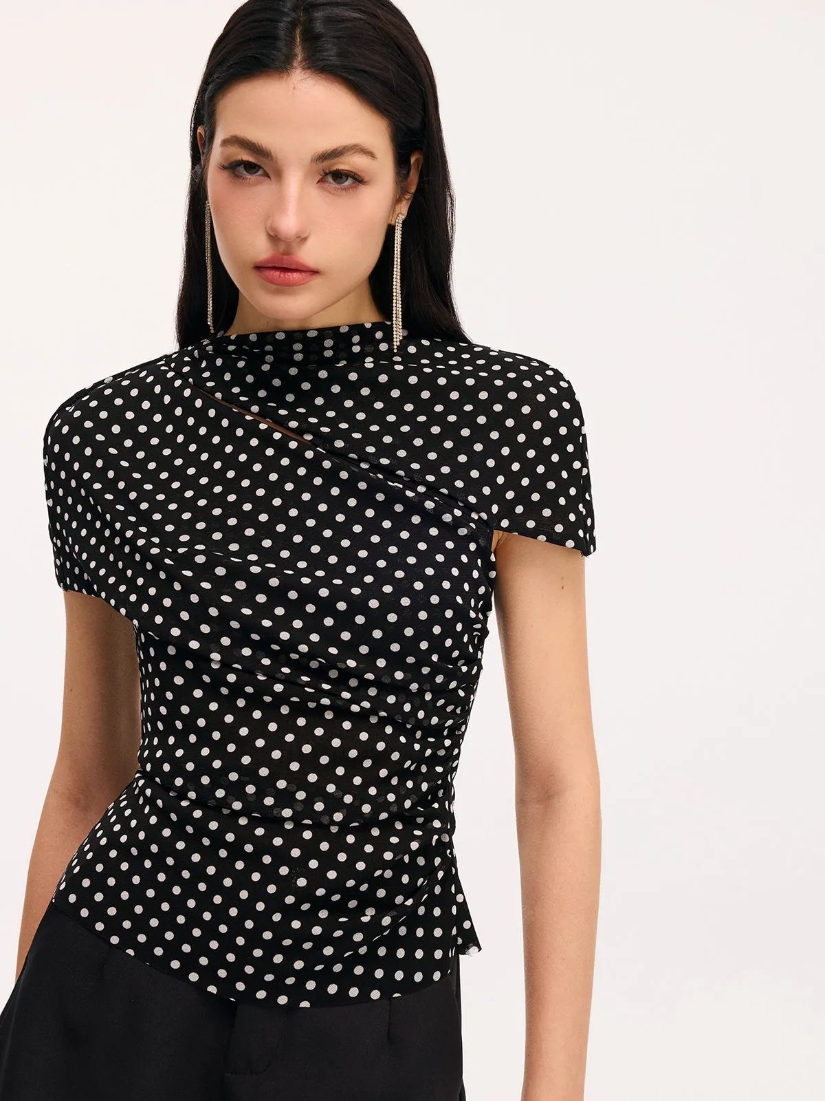 Polka Dot Cut-Out Ruched Short-Sleeve Blouse sold by COMMENSE