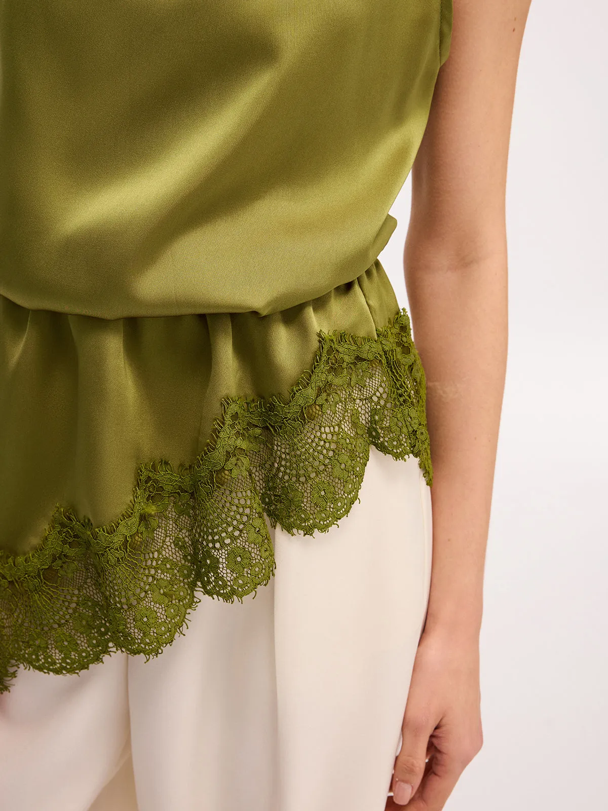 Lace Trim Satin Sleeveless Blouse sold by COMMENSE product image thumbnail 5