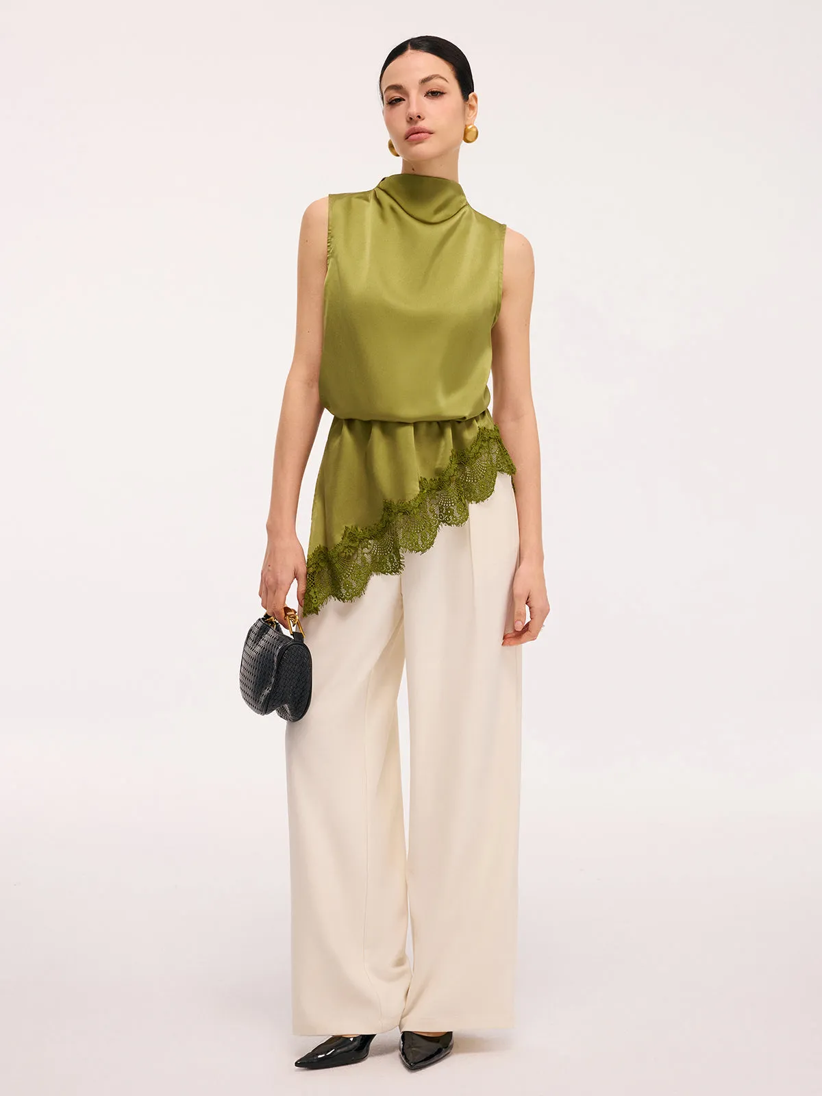 Lace Trim Satin Sleeveless Blouse sold by COMMENSE product image thumbnail 2