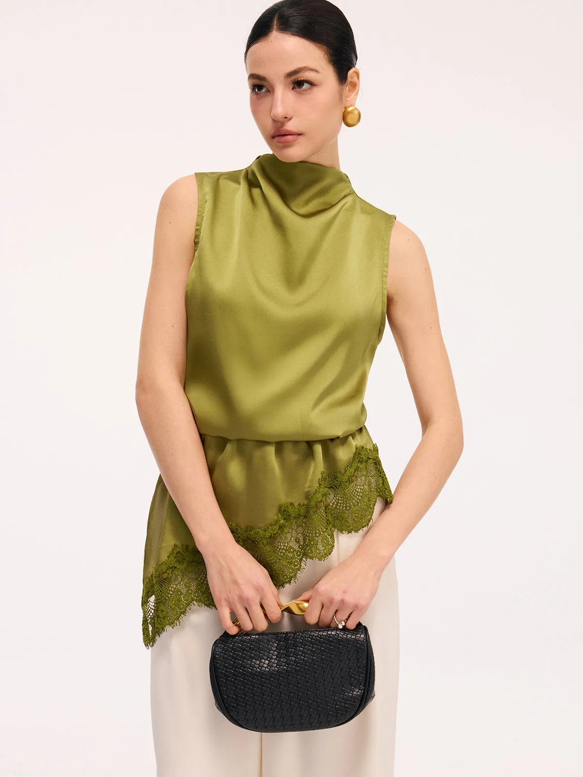 Lace Trim Satin Sleeveless Blouse sold by COMMENSE product image thumbnail 3