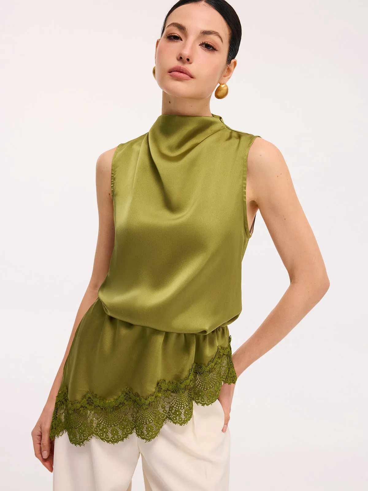 Lace Trim Satin Sleeveless Blouse sold by COMMENSE product image thumbnail 4