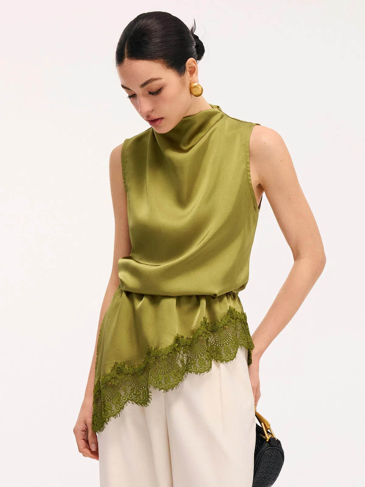 Lace Trim Satin Sleeveless Blouse sold by COMMENSE