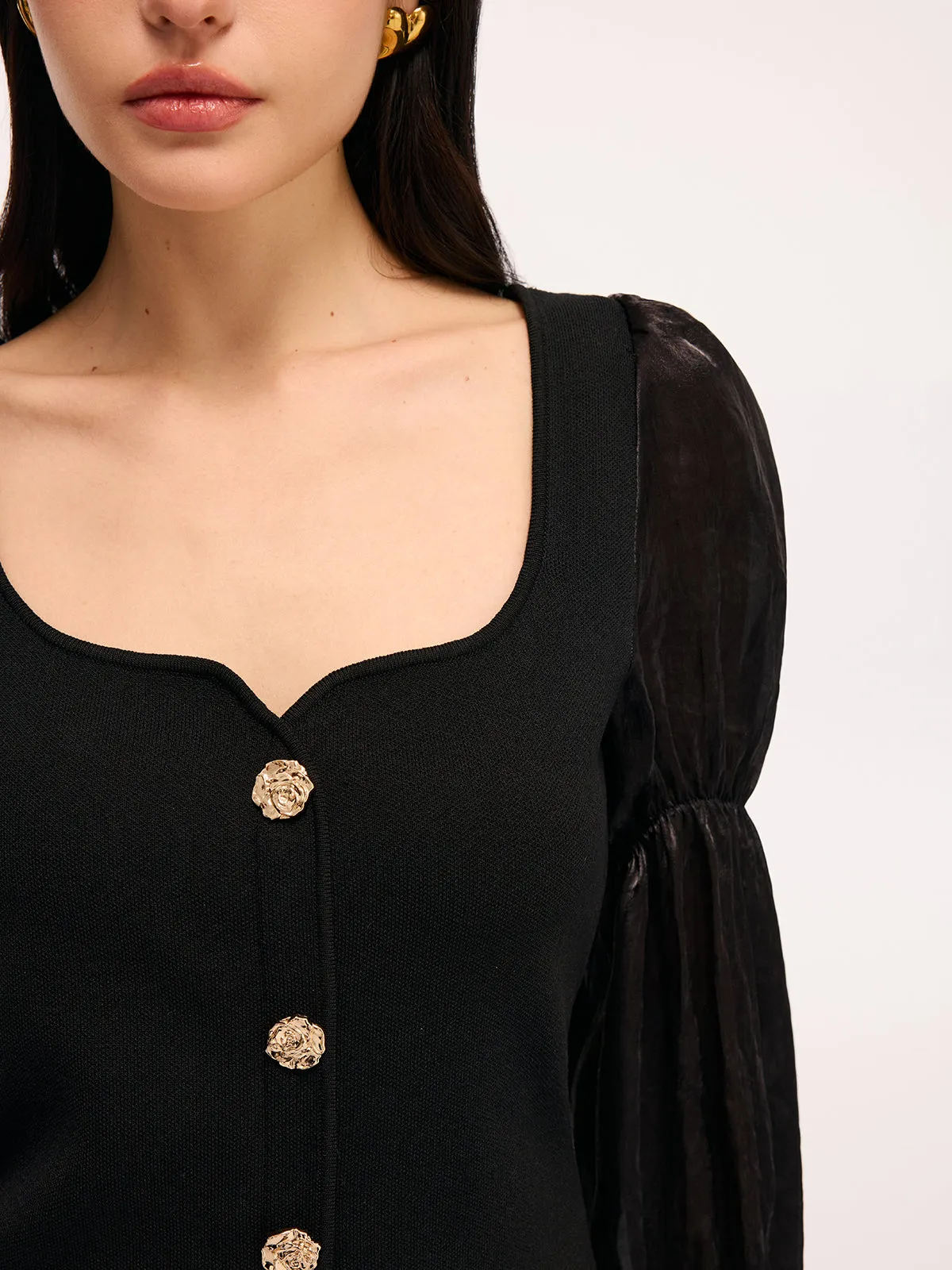 Metal Button Puff Sleeve Knit Square Neck Top sold by COMMENSE product image thumbnail 5