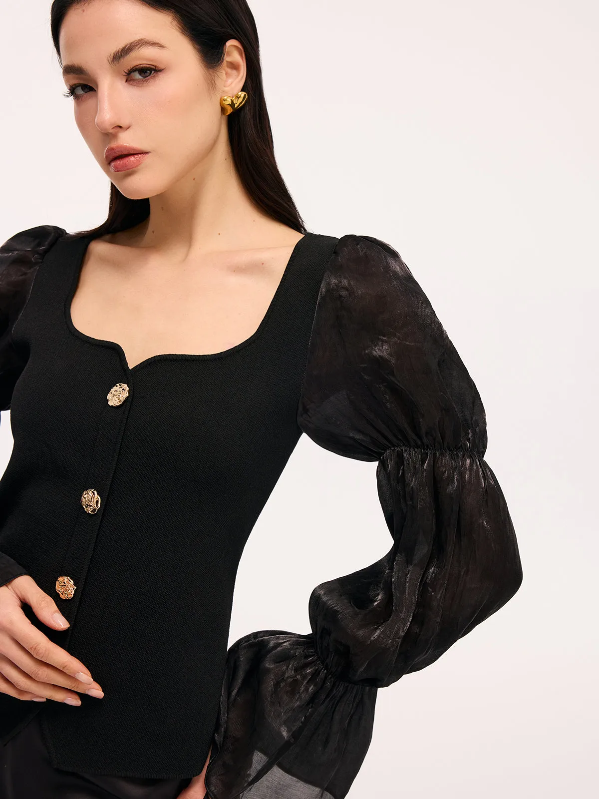 Metal Button Puff Sleeve Knit Square Neck Top sold by COMMENSE product image thumbnail 4