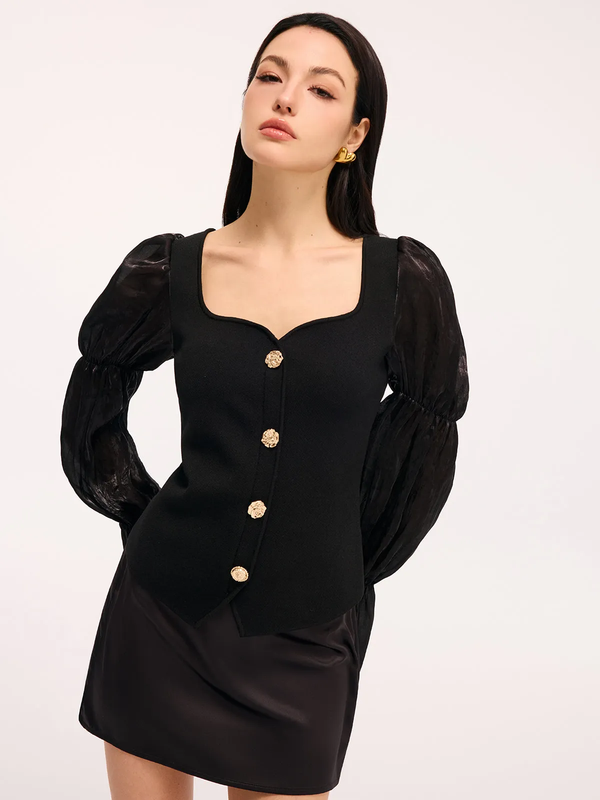 Metal Button Puff Sleeve Knit Square Neck Top sold by COMMENSE