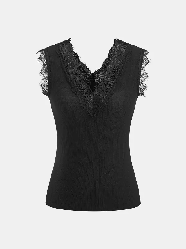 Lace V-Neck Ribbed Sleeveless Tank Top sold by COMMENSE