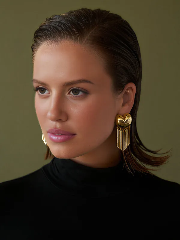 Heart-Shaped Tassel Drop Earrings sold by COMMENSE