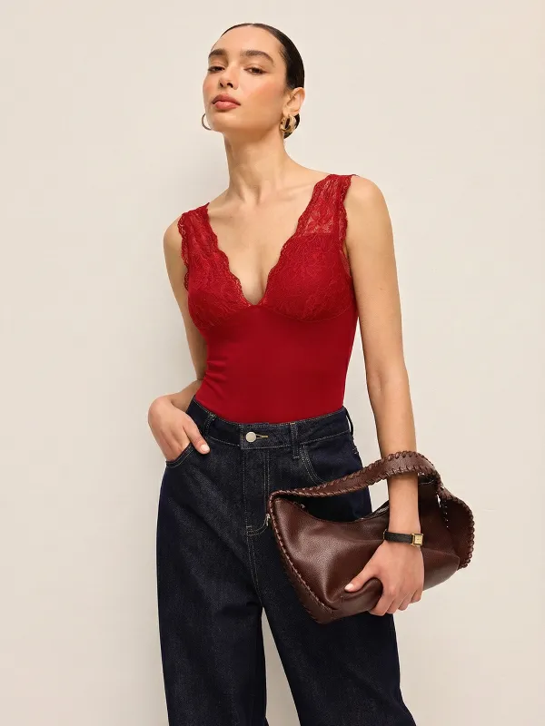 Deep V-Neck Lace-Trimmed Bodysuit sold by COMMENSE