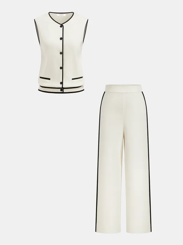 Contrast Piping Knit Vest & Wide-Leg Pants Set sold by COMMENSE