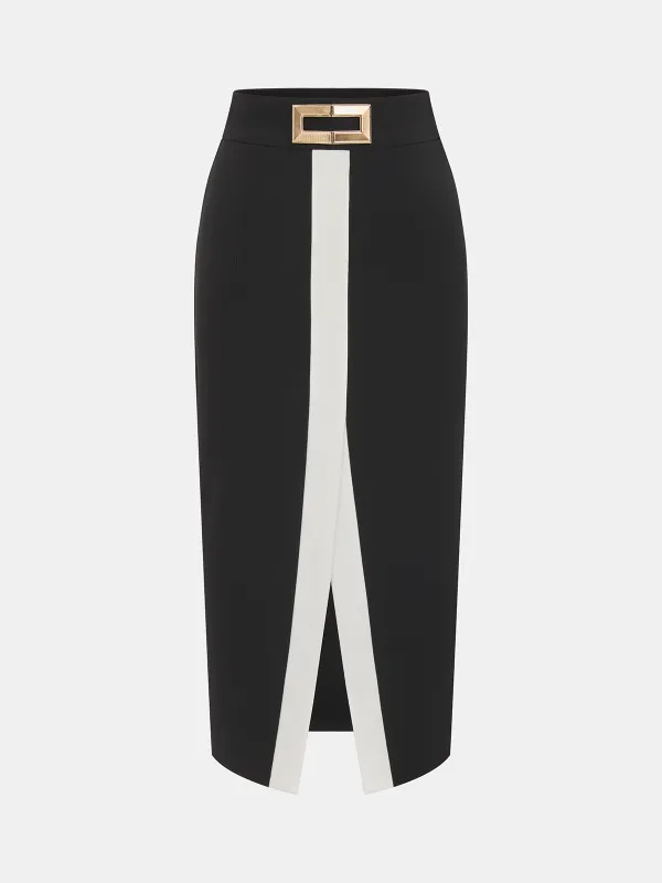 Color Block Metal Detail Midi Skirt sold by COMMENSE