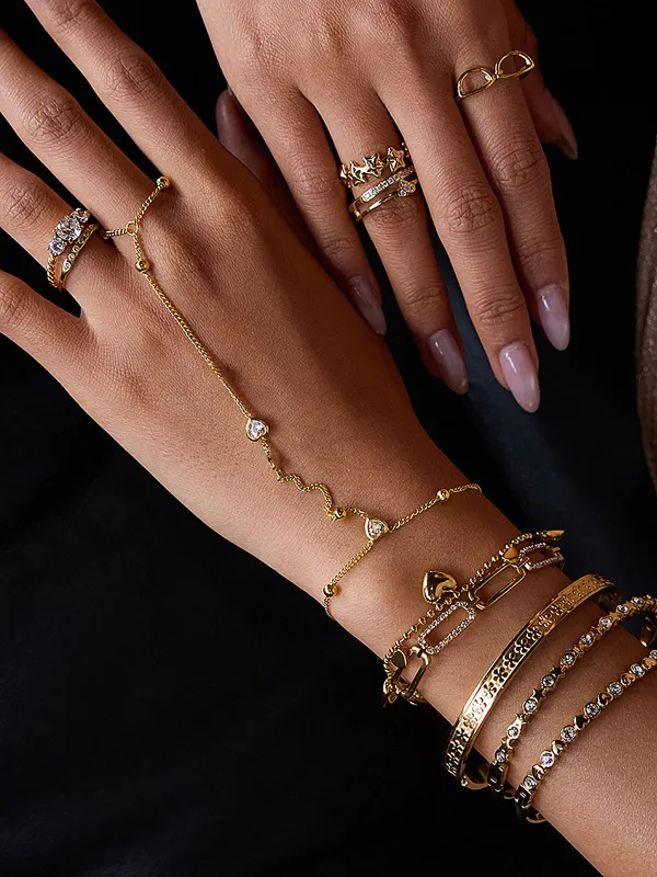 Beaded Heart Zircon Finger Chain Bracelet sold by COMMENSE