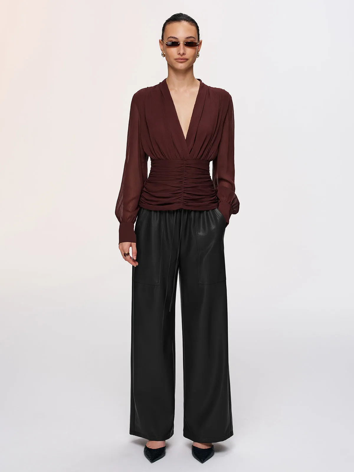 Semi-Sheer Ruched Deep V-Neck Blouse sold by COMMENSE product image thumbnail 2