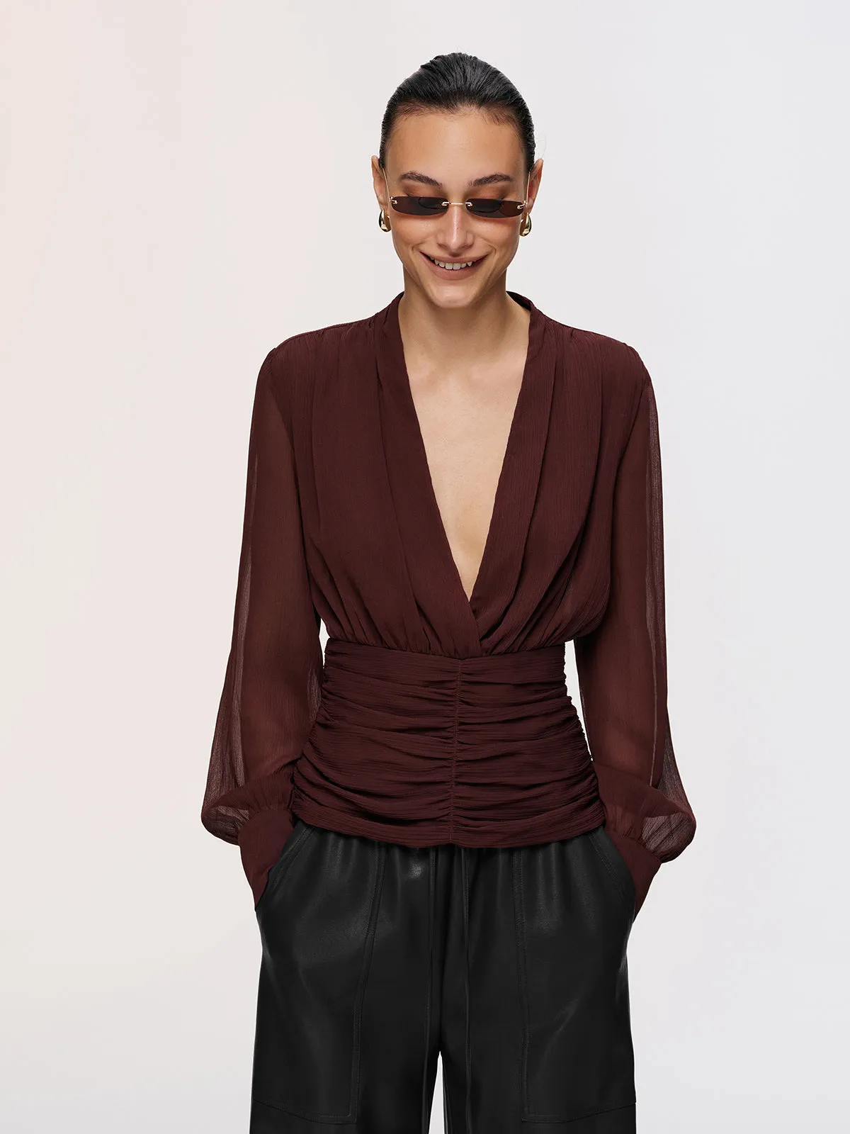 Semi-Sheer Ruched Deep V-Neck Blouse sold by COMMENSE product image thumbnail 3