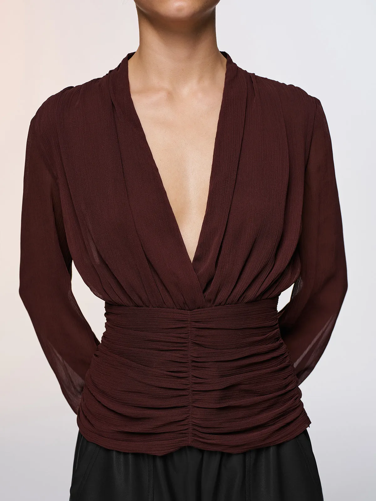 Semi-Sheer Ruched Deep V-Neck Blouse sold by COMMENSE product image thumbnail 4