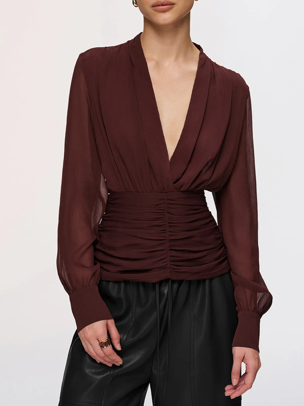 Semi-Sheer Ruched Deep V-Neck Blouse sold by COMMENSE