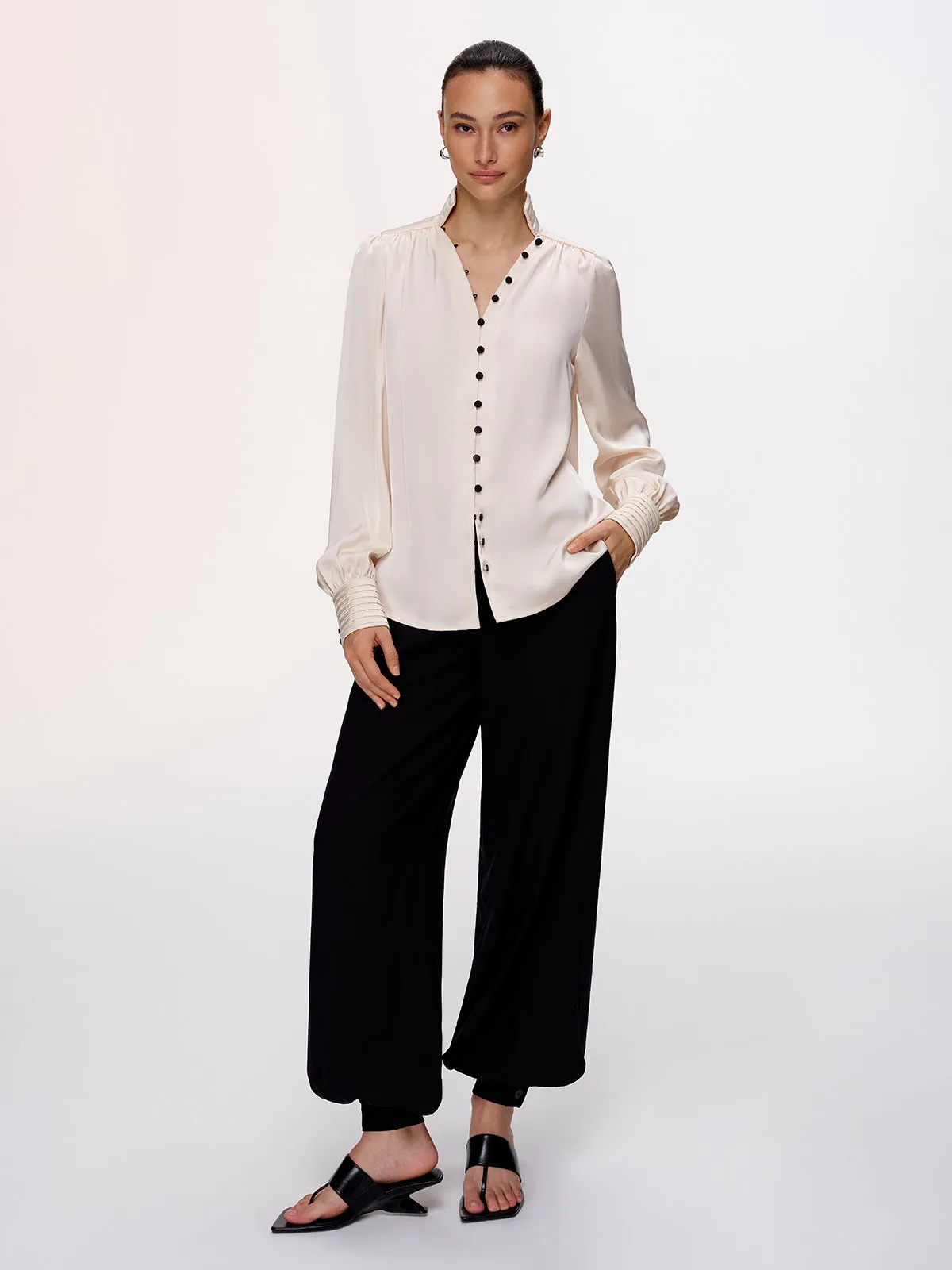 Contrast Button Satin Stand-Collar Blouse sold by COMMENSE product image thumbnail 2