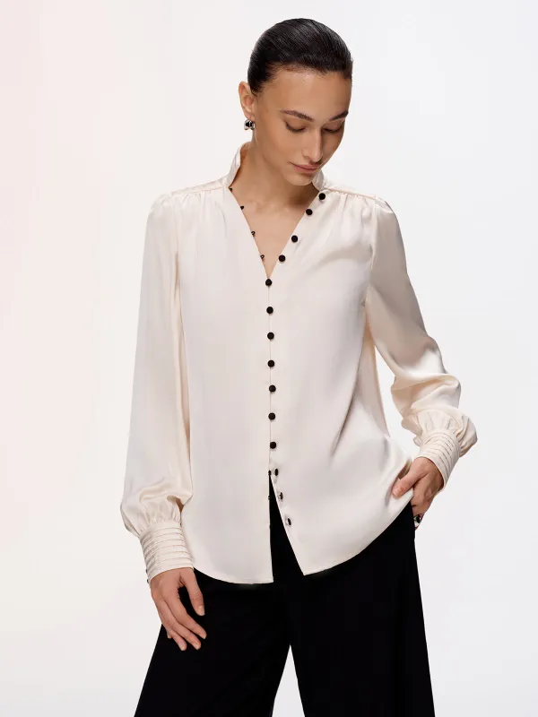 Contrast Button Satin Stand-Collar Blouse sold by COMMENSE