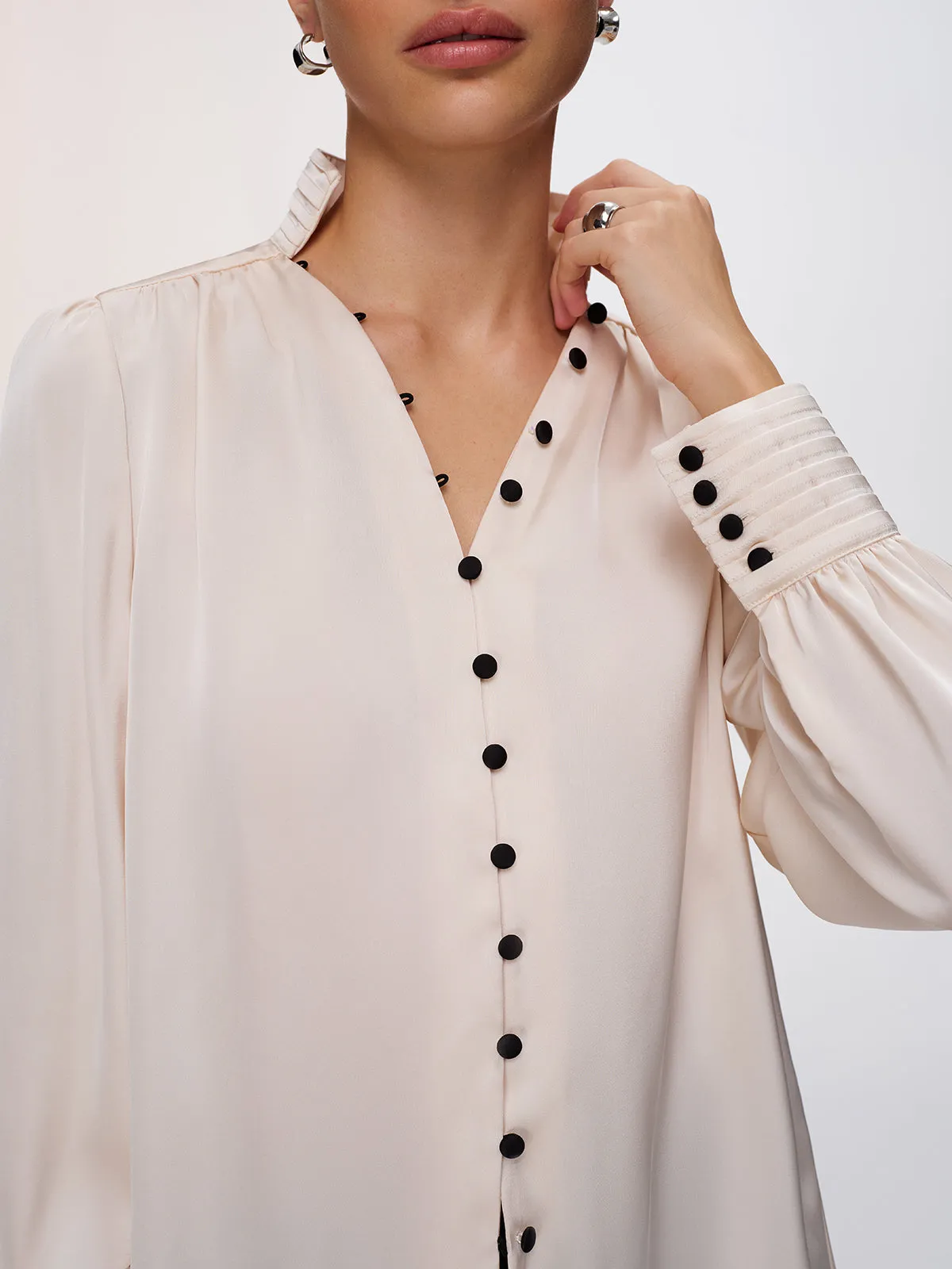 Contrast Button Satin Stand-Collar Blouse sold by COMMENSE product image thumbnail 4