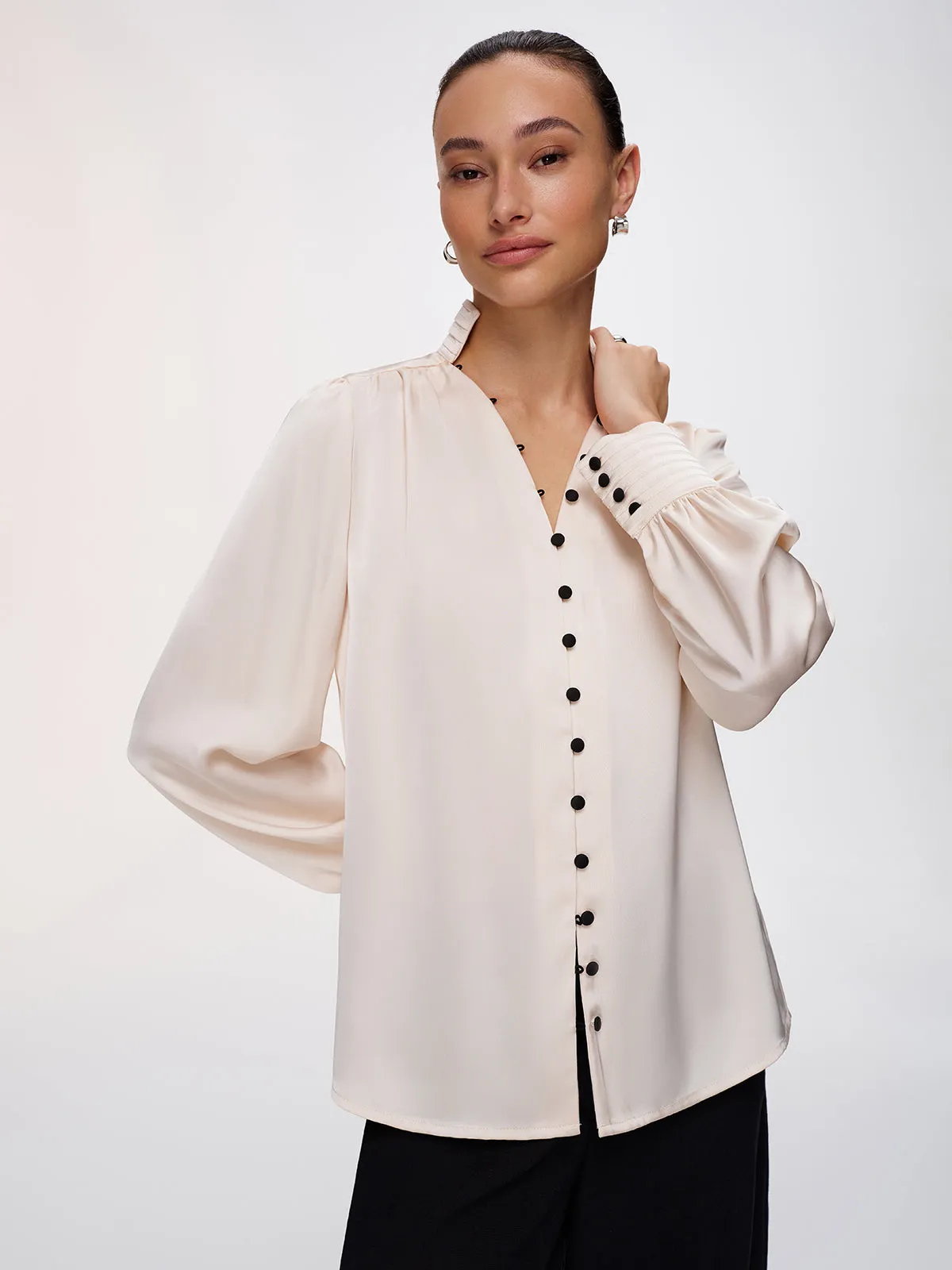 Contrast Button Satin Stand-Collar Blouse sold by COMMENSE product image thumbnail 3
