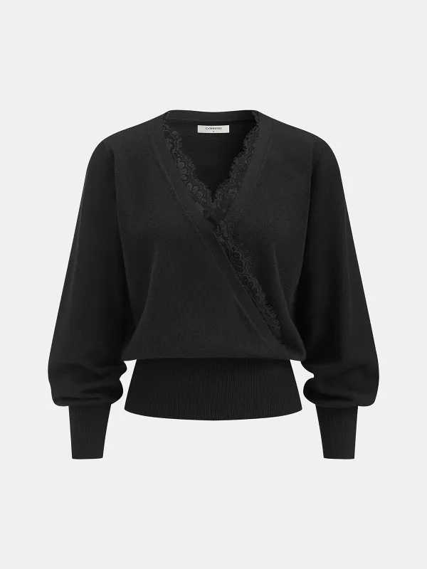 Lace-Trimmed Wrap V-Neck Knit Top sold by COMMENSE
