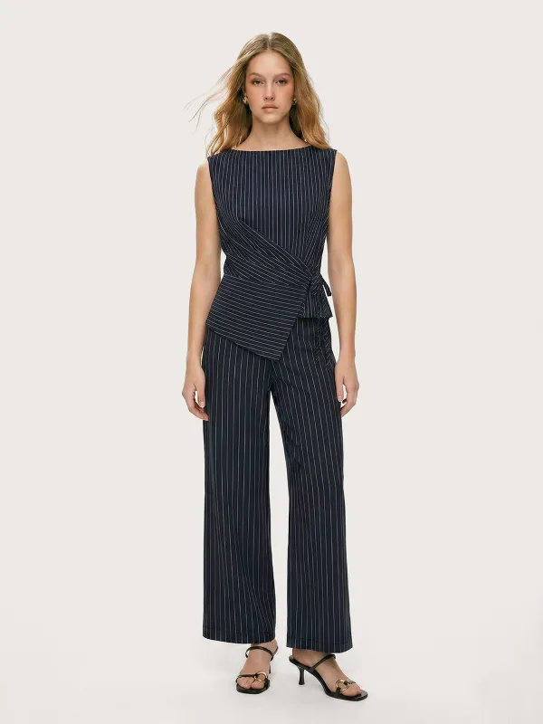 Pinstripe Wrap Top & Wide-Leg Pants Set sold by COMMENSE
