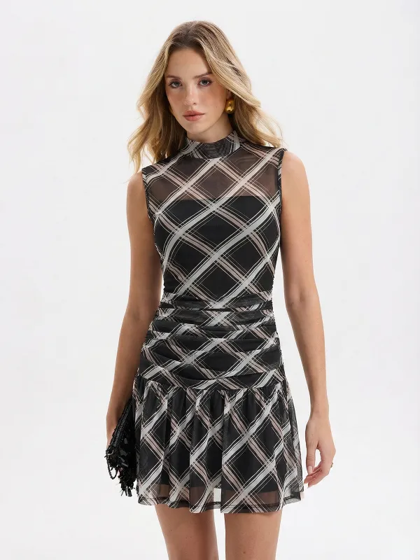 Mock Neck Ruffle Sheer Plaid Mini Dress sold by COMMENSE