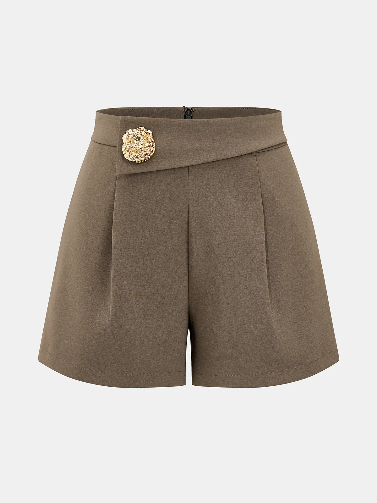 Metal Button Mid-Waist Pleated Shorts sold by COMMENSE