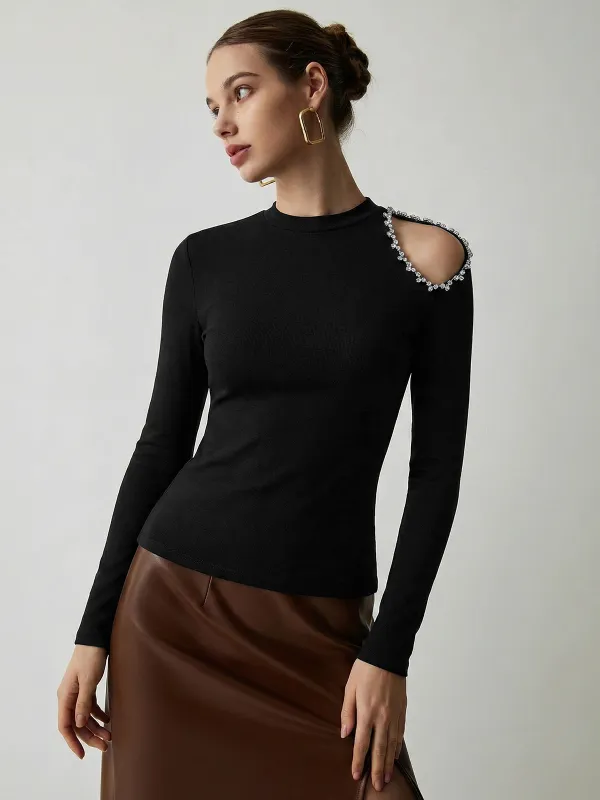 Crystal Detail Cold Shoulder Long-Sleeve Top sold by COMMENSE