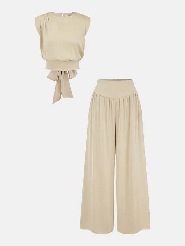Sleeveless Tie-Waist Top & Wide-Leg Pants Set sold by COMMENSE