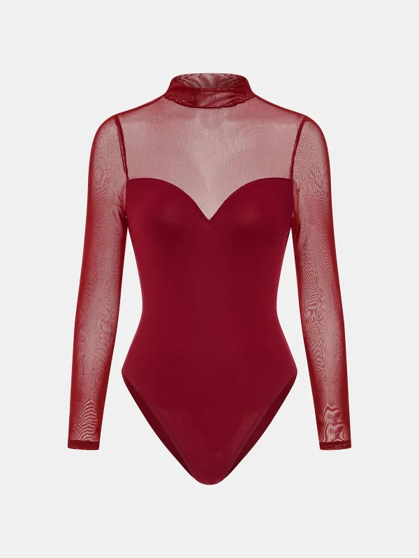 Mock Neck Mesh Panel Sweetheart Bodysuit sold by COMMENSE