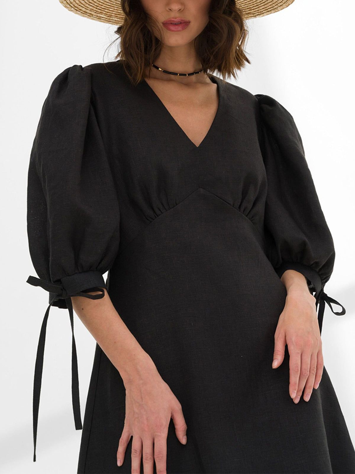 Cotton Linen Puff Sleeve Short Dress sold by COMMENSE product image thumbnail 2