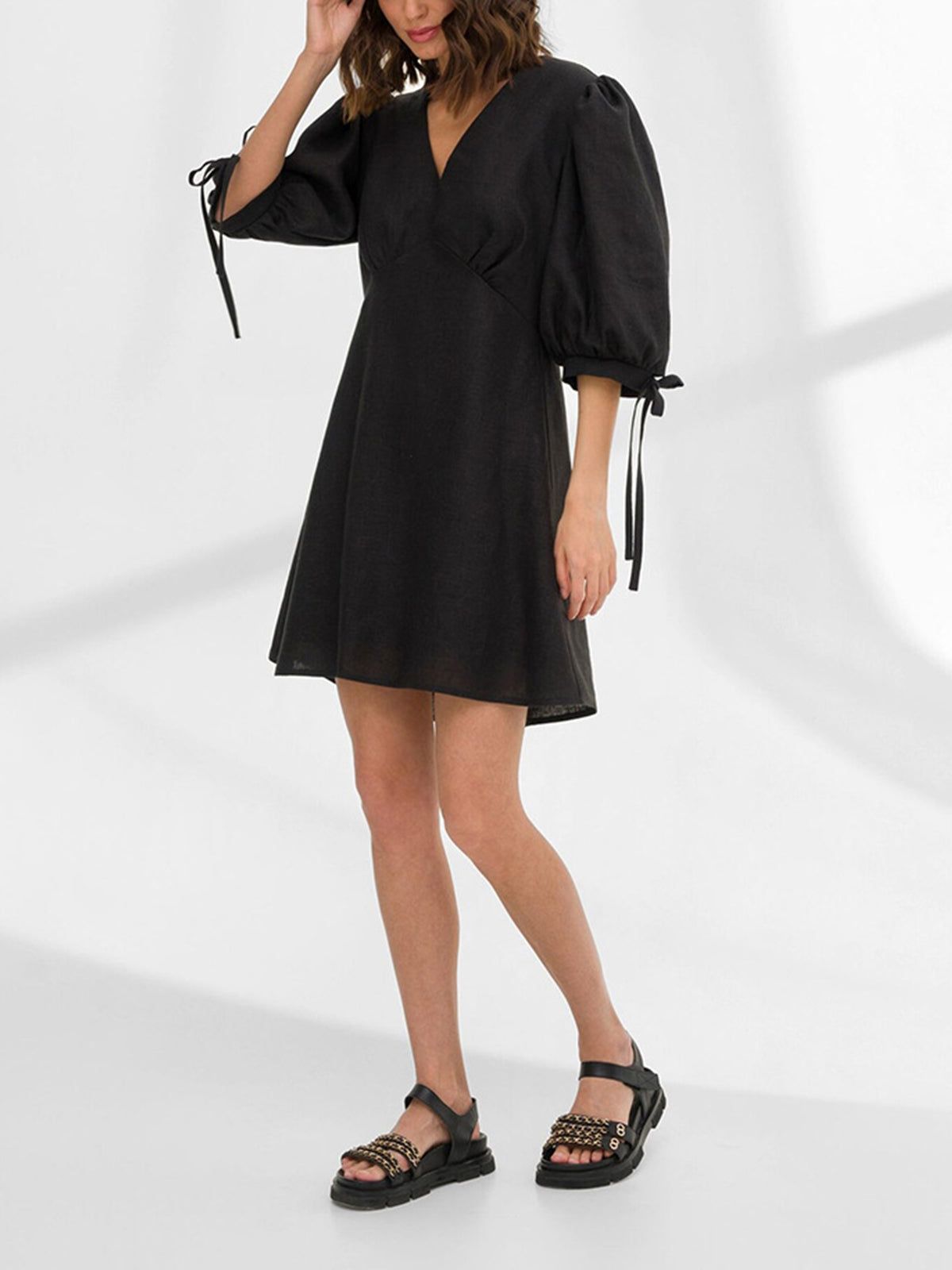 Cotton Linen Puff Sleeve Short Dress sold by COMMENSE product image thumbnail 3