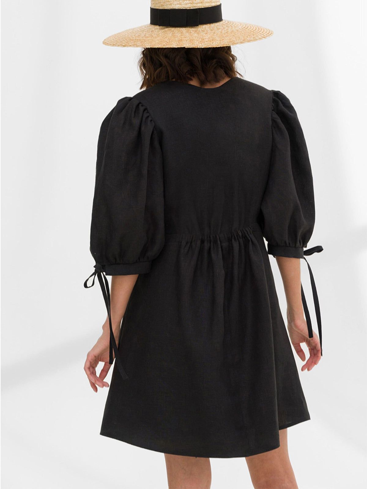 Cotton Linen Puff Sleeve Short Dress sold by COMMENSE product image thumbnail 4